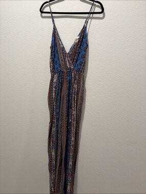 Boho Striped Floral Jumpsuit in Blue and Brown